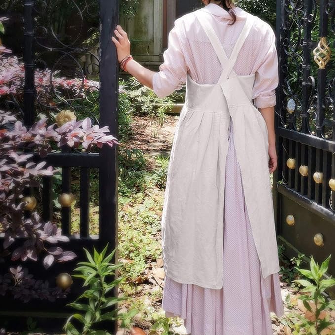 Uaussi Cotton Linen Apron Cross Back Work Apron for Women with Pockets Pinafore Dress X Cross Halter Apron for Chef Gardening