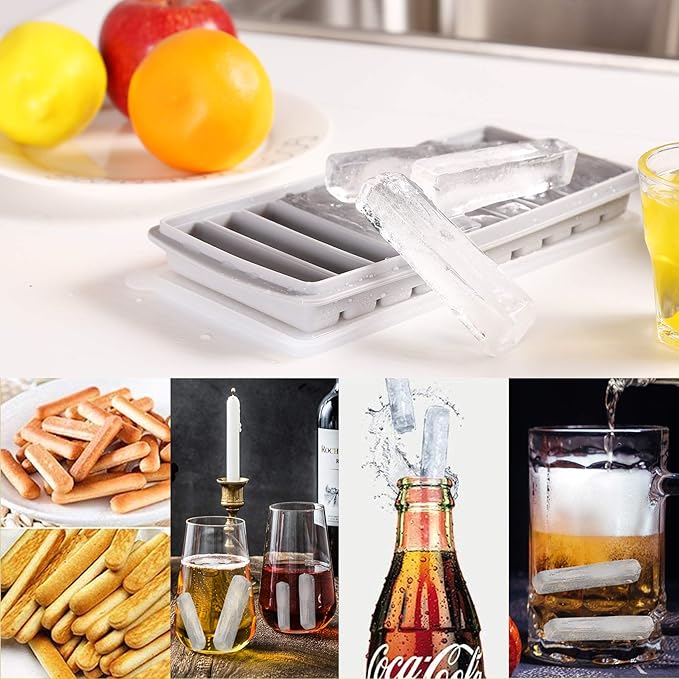 LessMo 2 PCS Ice Cube Tray, Long Ice Stick Tray Silicone with Lid, Rectangular Narrow Stick, Reusable, Flexible, Easy Release, for Small Mouth Sport Bottles, Juice Bottles, Cocktail Parties, Gray