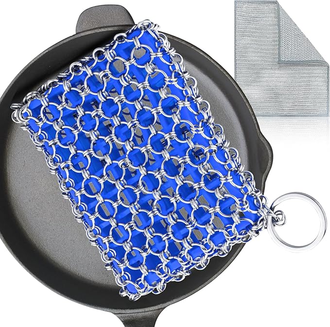 Cast Iron Scrubber with Bamboo Fiber Cloth and Pan Scraper, 316L Cast Iron Cleaner Set – Removes Stains, Protects Coatings, Safe for Dutch Oven, Skillets, Griddles(Blue)