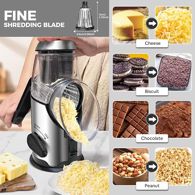 Rotary Cheese Grater with Handle,3 Changeable Blades for Kitchen Vegetable Cheese Shredder Slicer Grater,Nut Grinder,Easy to Use and Clean,Stainless Steel-Black Silver