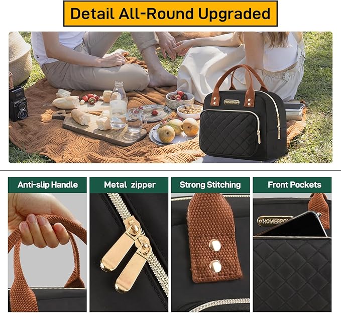 HOMESPON Lunch Bag for Woman Man Adults with Front Pocket Insulated Lunch Tote Lunch Box Container for Work Picnic or Travel(Black Golden)