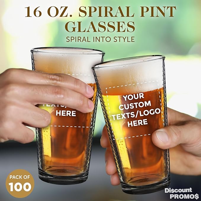 Custom Spiral Pint Glass 16 oz. Set of 100, Personalized Bulk Pack - Beer Glasses, Heavy Duty Drinkware - Black