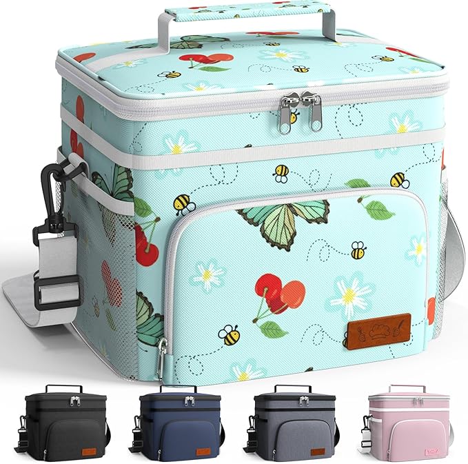 HOTOR Insulated Lunch Box for Men & Women - Leak-Proof Cooler Lunch Bag with 4 Pockets, Adjustable Strap, Ideal for Work, Picnic, Travel - Medium, Green Flower, 10.2"×6.9"×8.5"