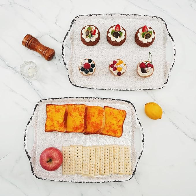 TP Serving Trays with Handles, 19 Inche Large Rectangular Melamine Serving Platter Set of 2, Rustic White