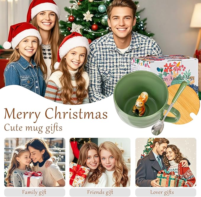 Squirrel Gifts for Women Men Cute Squirrel Ceramic Mug Hidden 3D Animal Inside Unqiue Coffee Mug Tea Cup with Lid Spoon Cool Stuff Home Decor Christmas Birthday Gifts for Her Friends Sisters Besties