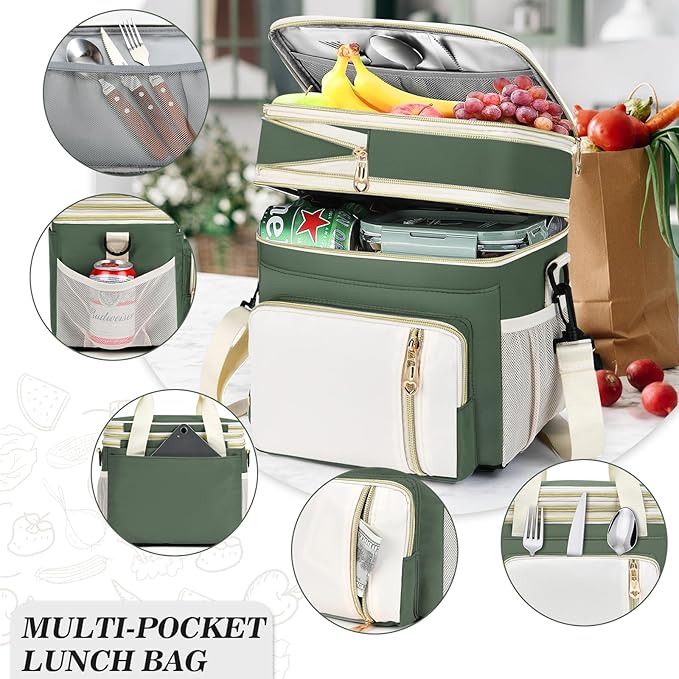 Lunch Box & Lunch Bag for Women Men, Large Insulated Adult Lunch Box Leakproof Lunchbox Cooler Bag for Work Picnic Beach,16L, Army Green & White