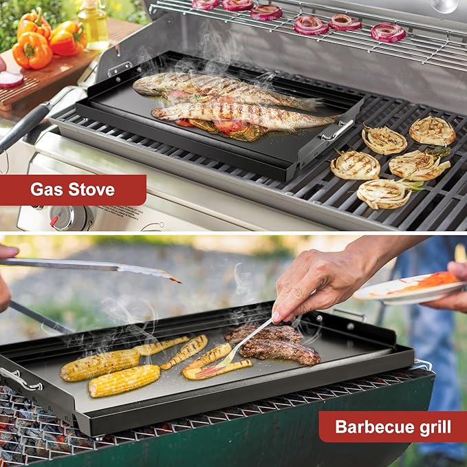 YORKING 25" x 16" Nonstick Coating Griddle Flat Top Grill Plate, Carbon Steel Griddle Plate with Grease Groove and Removable Handles for BBQ Charcoal/Gas Grills, Parties, Indoor/Outdoor Cooking