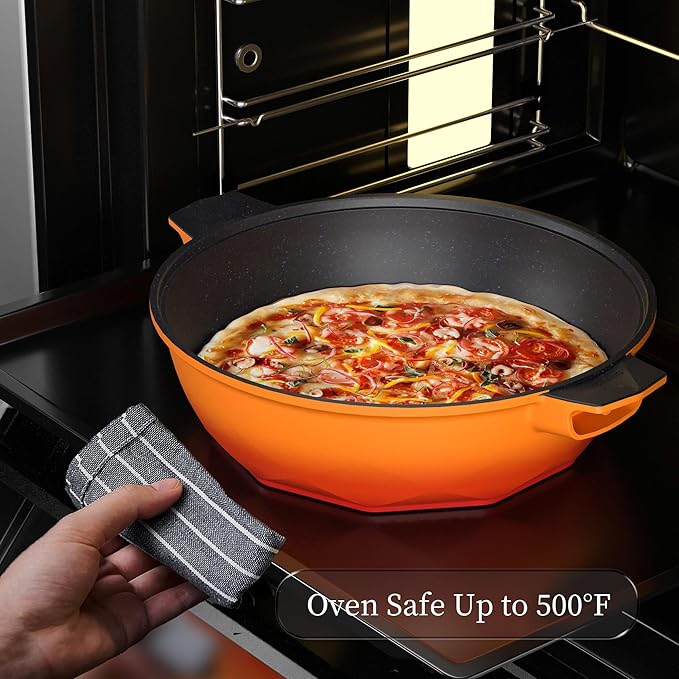 TIBORANG 8 in 1 Multipurpose 11 Inch 5 Quart Heat Indicator Nonstick Deep Frying Pan with Glass Lid,Stay-cool Handle,Steamed Grid,PFOA-Free,Dishwasher&Oven Safe,Works with All Stovetops(Tangerine)
