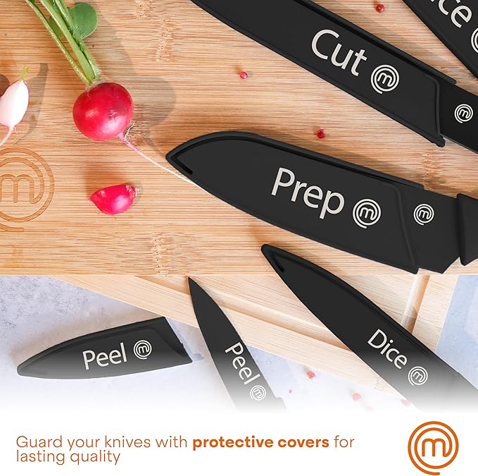 MasterChef Kitchen Knife Set with Covers, 6 Professional Chef Knives for Home Kitchens, Extra Sharp Cutting Stainless Steel Blades & Protective Sheaths, Soft-Touch Easy-Grip Handles, Essential Black