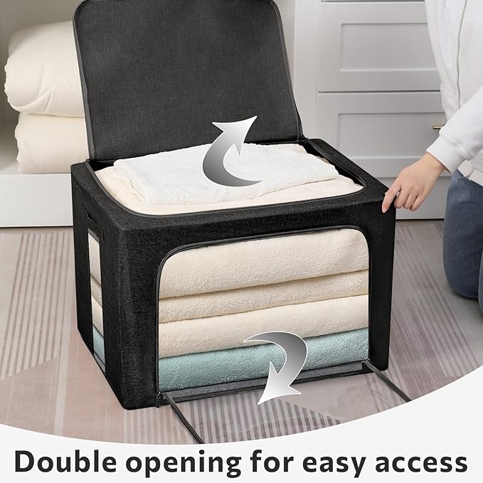 FHSQX 2 Pack Clothes Storage Bins Stackable Metal Frame Storage Box Foldable Linen Fabric Box Organizer with Carrying Handles and Clear Window (Black, 15.7x 11.8x 11.7 Inch)