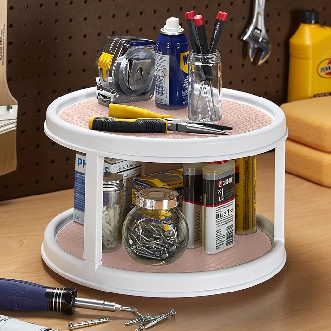 Copco Non-Skid 2 Tier Pantry Cabinet Lazy Susan Turntable, 12-Inch - Organize Kitchen, Bathroom, Home Office, Laundry Room, Garage, Craft Room - Kitchen Turntable & Pantry Organizer (White/Pink)