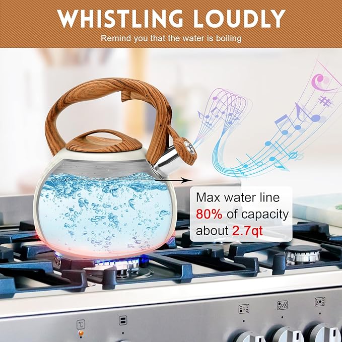 GGC Tea Kettle for Stove Top, Loud Whistling Kettle for Boiling Water Coffee or Milk, 3.1 Quart 3L Heavy Stainless Steel White Kettles with Wood Pattern Handle, Unique Button Control Kettle Outle