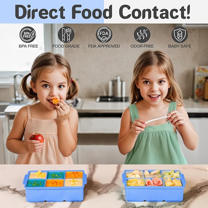 KitchFort Large Silicone Ice Cube Tray (2-Pack), Easy Release 2" Big Ice Cubes - Cocktail, Whiskey Ice Cubes Mold - Ice Trays for Freezer with Lid - Stackable Silicone Ice Tray - Blue