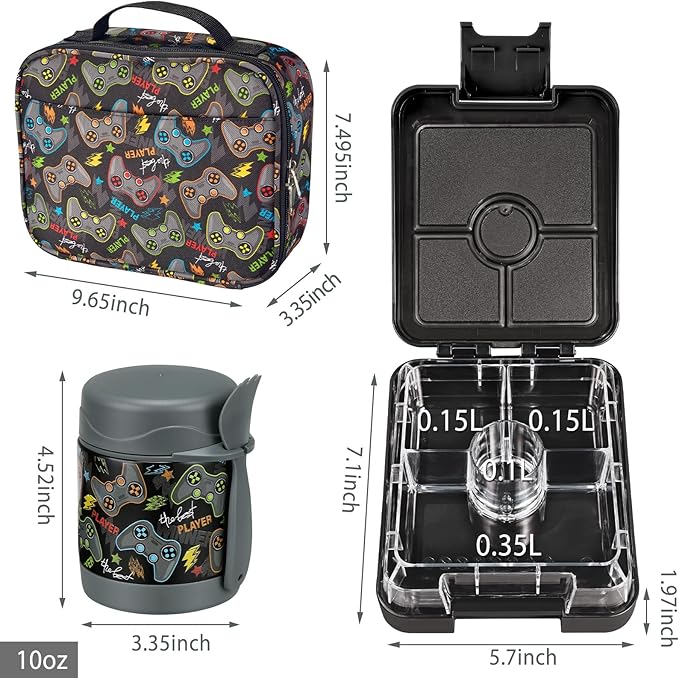 Bento Lunch Box Set for Kids with 10oz Soup Thermo, Leak-Proof Lunch Containers with 4 Compartment, Kids Thermo Hot Food Jar and Insulated Lunch Bag for Kid to School,BPA-Free(Black-Game Console)