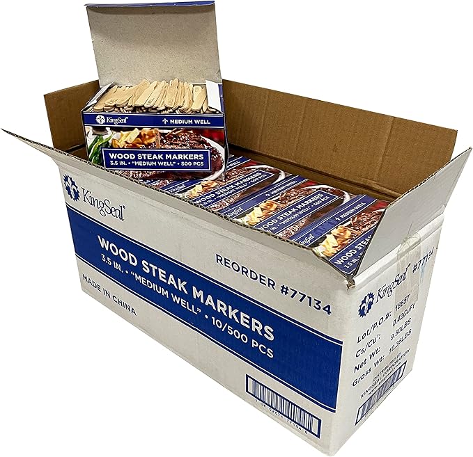 KingSeal 3.5 Inch Natural Birch Wood Steak Markers, Heat Stamped, MED Well, Commercial Bulk Pack - 10 Boxes of 500 (5,000pcs Total)