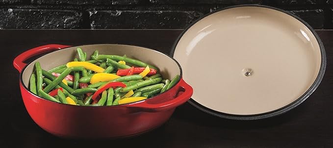 Lodge 3 Quart Enameled Cast Iron Dutch Oven with Lid – Dual Handles – Oven Safe up to 500° F or on Stovetop - Use to Marinate, Cook, Bake, Refrigerate and Serve – Island Spice Red