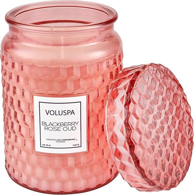 Voluspa BlackBerry Rose Oud Candle | Large Glass Jar Candle with Lid | 18 Ounces | 100 Hour Burn Time | Coconut Wax for Clean Burning | Handcrafted in The USA | Non-Toxic