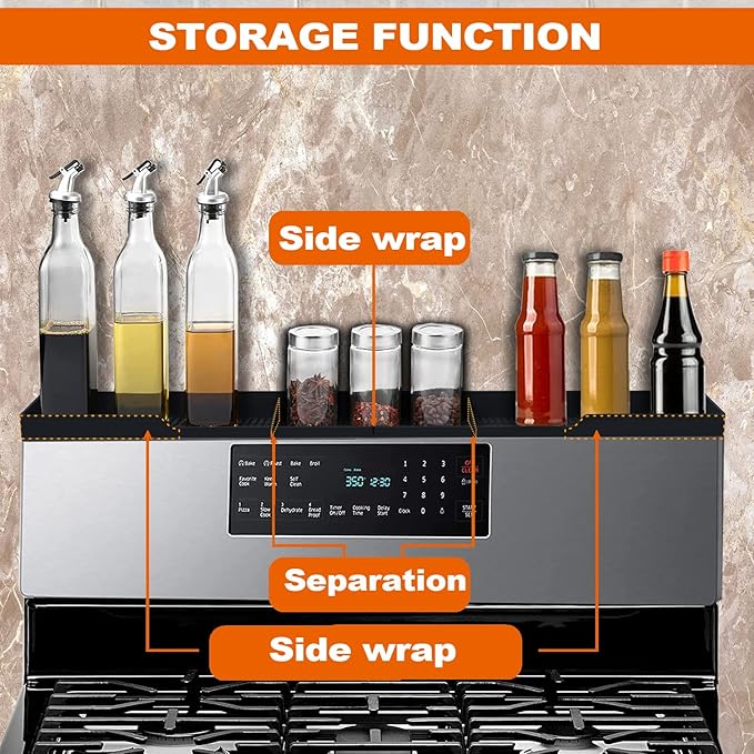 AWOKE Stove Top Shelf 30 Inch - Silicone Material Magnetic Shelf for Stove - 3 Functional Partitions Kitchen Spice Rack Organizer-Black,Kitchen Gadgets Storage Organization
