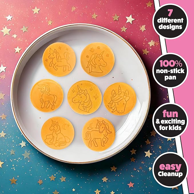 Unicorn Mini Pancake Pan - Make 7 Unique Flapjack Unicorns, Nonstick Pan Cake Maker Griddle for Holiday Breakfast Fun & Easy Cleanup, Magical Xmas Treat or Gift for Kids Party- Easy to Use Long Handle