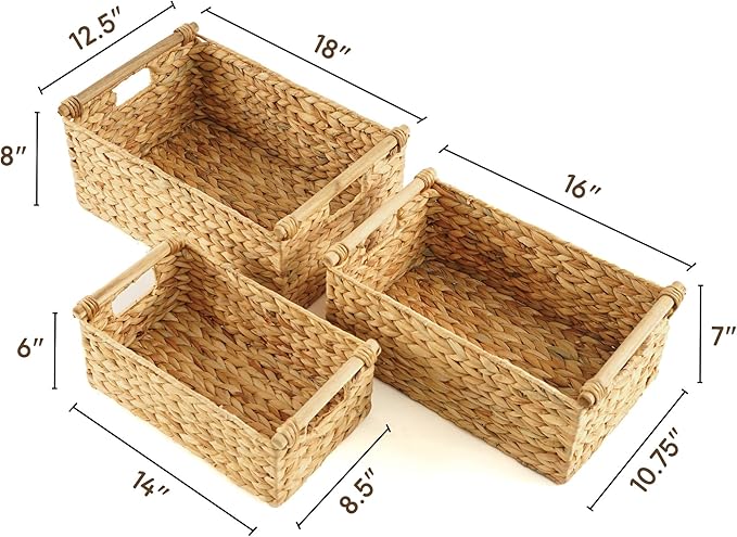 Greenatural Water Hyacinth Storage Baskets Set of 3, Handwoven Rectangular Organizer with Wooden Handles, 3 Different Sizes, Nested Wicker Bins for Shelf, Bathroom, Kitchen, Office, Natural Home Decor