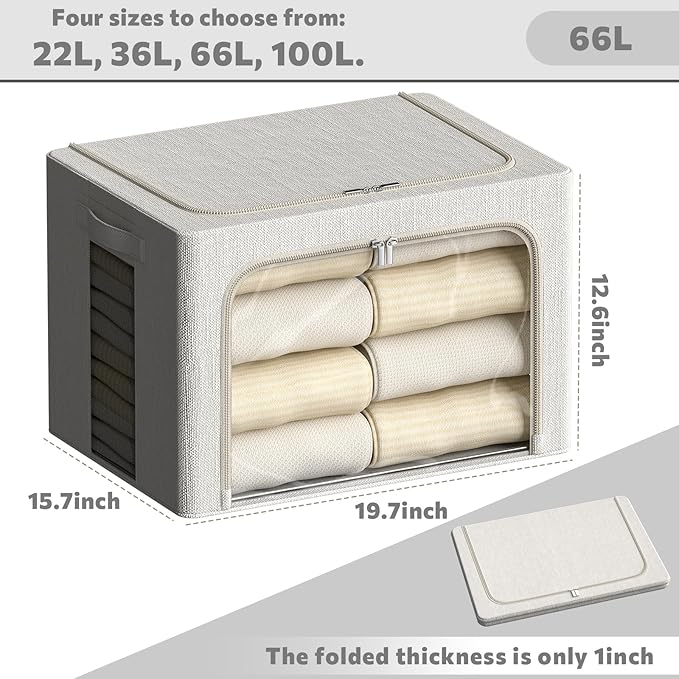 FHSQX 2 Pack Clear Window Storage Bins Large Stackable Linen Fabric Storage for Clothes Foldable Container Organizer Set with Carrying Handles (Lvory White, 19.7x 15.7x 12.6 Inch)