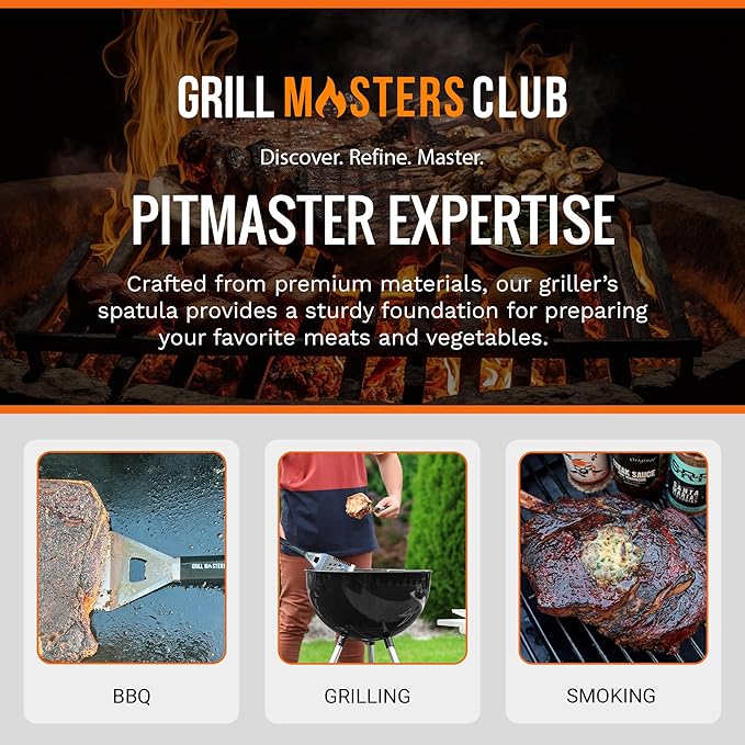 Grill Masters Club 4-in-1 BBQ Spatula | Multifunctional Stainless Steel Grill Spatula with Polypropylene Handle, Serrated Edges, Bottle Opener | Perfect for BBQ grills, kebabs for Camping & Picnics