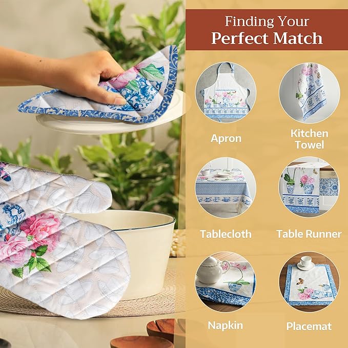Maison d' Hermine 100% Cotton Oven Mitt & Pot Holder Set (7.5"x13" & 8"x8") Heat Resistant BBQ Cooking Gloves with Loop, Baking, Grilling, Kitchen, Handling Hot Pans Spring/Summer (Canton)