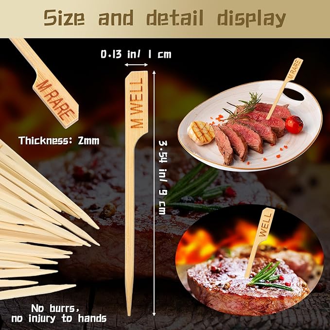 Soaoo 500 Pcs 3.5" Assorted Bamboo Wood Temperature Picks Steak Temperature Sticks Meat Doneness Steak Markers Bamboo Paddle Skewers Sticks for BBQ Barbecue Party Cocktail Fruit Grilling Roasting