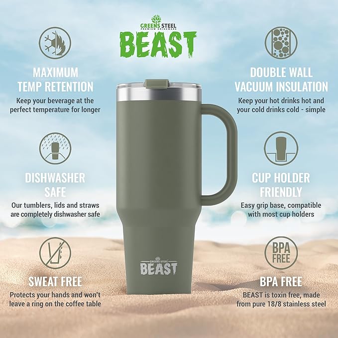 Beast 42 oz Tumbler Stainless Steel Vacuum Insulated Coffee Ice Cup Double Wall Travel Flask (Army Green)