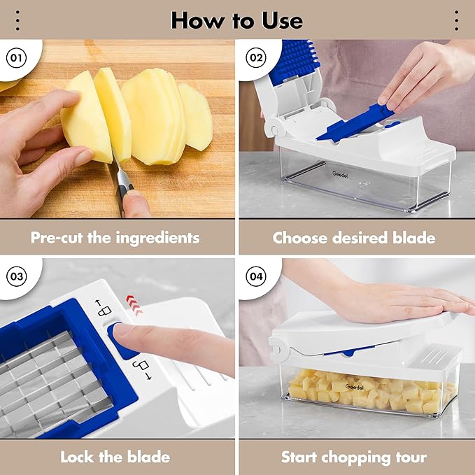 Geedel Vegetable Cutter, Onion Cutter Pro Food Chopper, Kitchen Vegetable Slicer Dicer Cutter Grater, Veggie Chopper with container for Salad Onion Potato Carrot (4 in 1, Blue)
