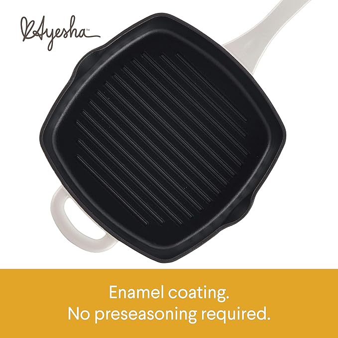 Ayesha Curry Collection Cast Iron Square Grill Pan with Pour Spouts, 10-Inch, French Vanilla