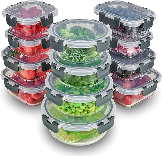 FineDine 24 Piece Premium Borosilicate Glass Meal Prep Containers Glass - Airtight Food Storage Containers with Lids, Hinged Locking Lid, BPA Free, For Meal Prep/Freezer/Oven