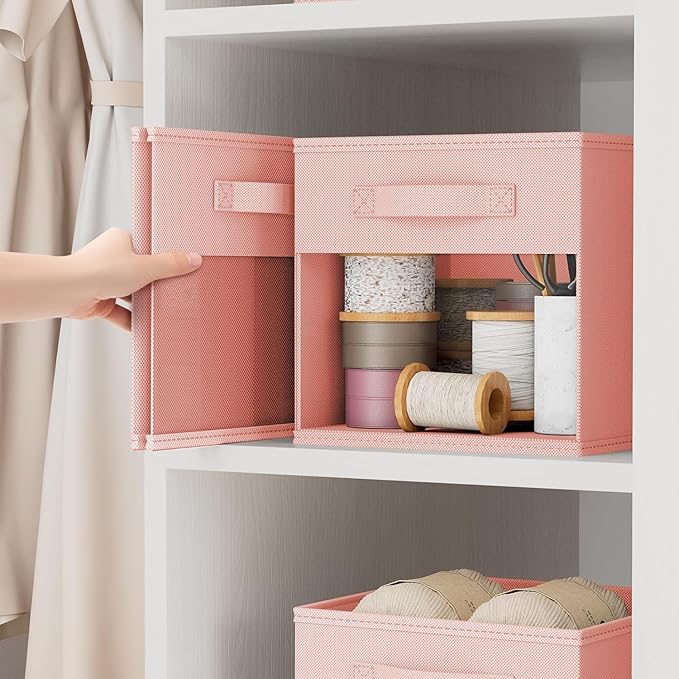 DIMJ Storage Cubes, Cube Storage Bin, 10 Pack Foldable Baskets with Window, Closet Storage Bins with Handle, 11x 11 inch Storage Cubes for Clothes, Toys, Books (Pink)