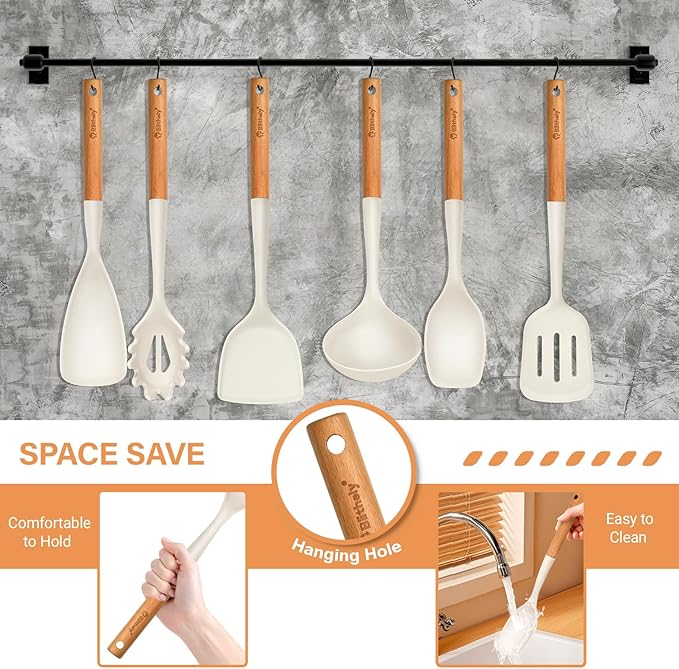 Large Silicone Kitchen Utensils Set, 6 PCS Nonstick Cooking Utensils Set with Wooden Handle, Heat Resistant and BPA Free Silicone Utensil Spatula Set for Cooking with Turner, Spoon and Ladle(White)