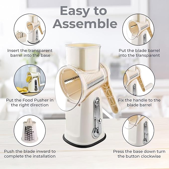 Chef Power Premium Quality 5 in 1 Cheese Grater Hand Crank - Stainless Steel Rotary Cheese Grater for Effortless Grating - Durable and Ergonomic Design for Professional and Home Use (Beige)