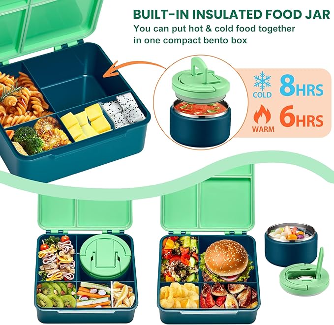 Bento Lunch Box for Kids with 8oz Soup Thermo,Kids Leakproof Lunch Food Containers with 4 Compartment,Kid Insulated Thermo Hot Food Jar for School,Trvael-Green
