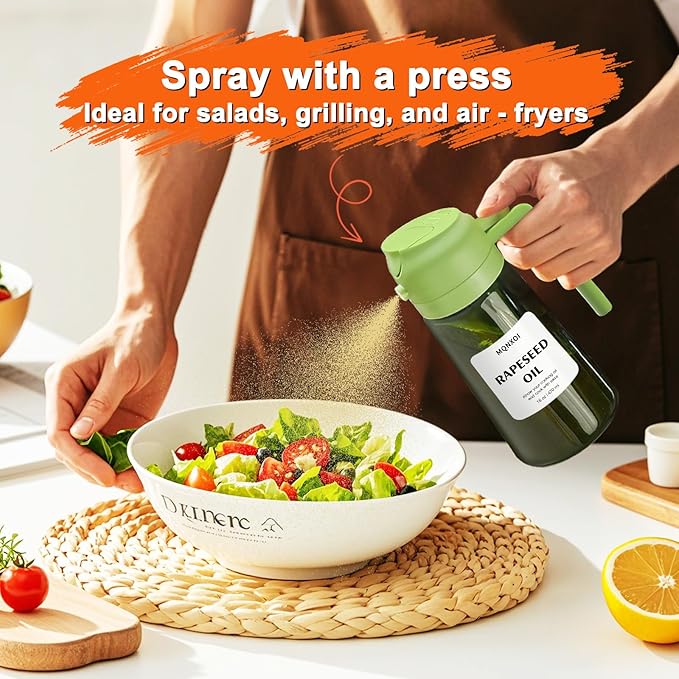Oil Sprayer for Cooking, 2 in 1 Olive Oil Dispenser Bottle for Kitchen, 16oz/470ml Premium Glass, Food-grade Oil Mister for Air Fryer, Salad, Frying, BBQ (Green + Dark Green Bottle)