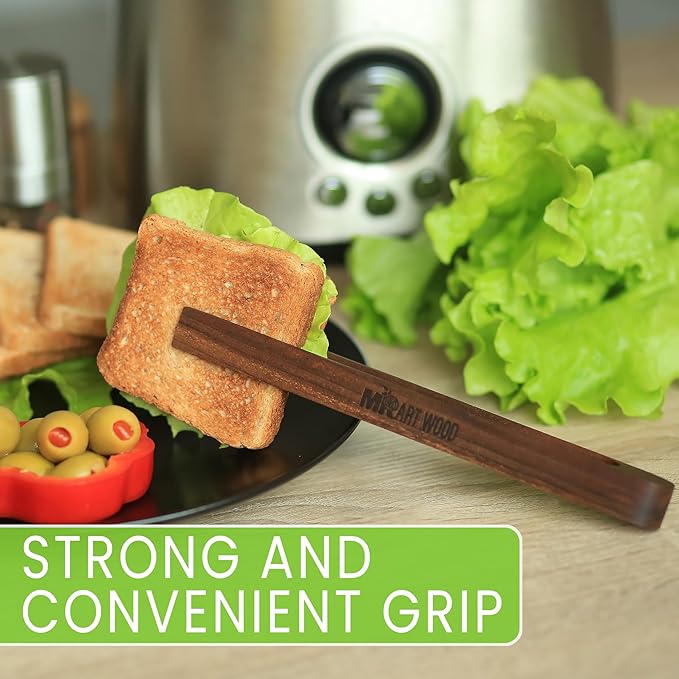 2 Pcs Magnetic Walnut Wooden Toaster Tongs | 8.7-Inch Kitchen Tongs for Cooking, Bread, Bacon, Bagels, and Muffins | Non-Toxic Design, Perfect Bamboo Alternative, Perfect for Toaster, BBQ & Grilling
