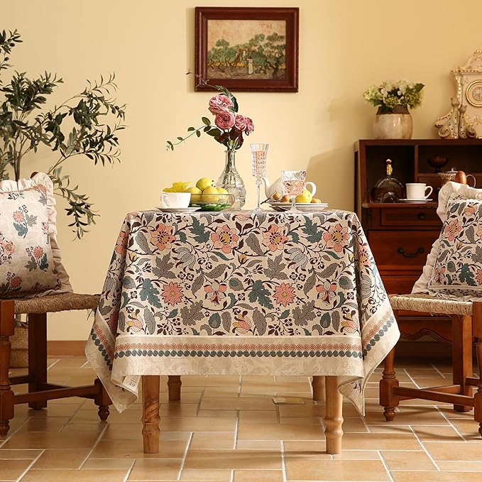 ISAENNE Designer Boho Floral Long Rectangle Tablecloth,Linen Lotus Flower Pattern Colorful Indoor Table Cloth,Durable Decor Tablecloths for Dining Thanksgiving Kitchen Christmas,63"*94"-Hazel A