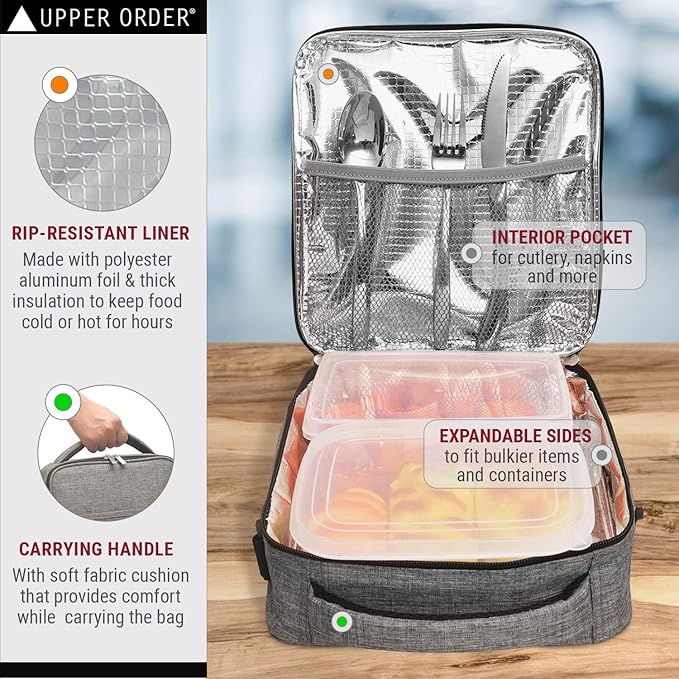 Reusable Insulated Lunch Box for Men and Women (Gray) Durable Leakproof Cooler Tote Bag Freezable Lunch Bag for Adults. Top Women and Mens Lunch Box for Office Work, Picnic