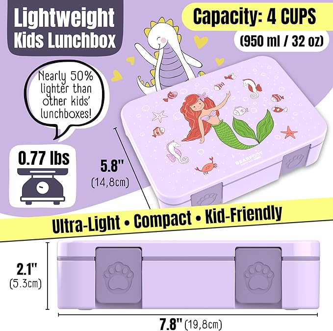 BEARFOOT Bento Box Compact, BPA-Free Children's Lunch Box for School & Nursery, Leak-Proof Lunch Box for Girls and Boys, Practical, Lightweight and Compact (Mermaid Purple, 4 Cups)