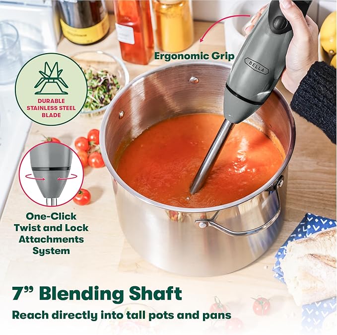 BELLA Immersion Hand Blender, Portable Mixer with Whisk Attachment - Electric Handheld Juicer, Shakes, Baby Food and Smoothie Maker, Stainless Steel, Grey