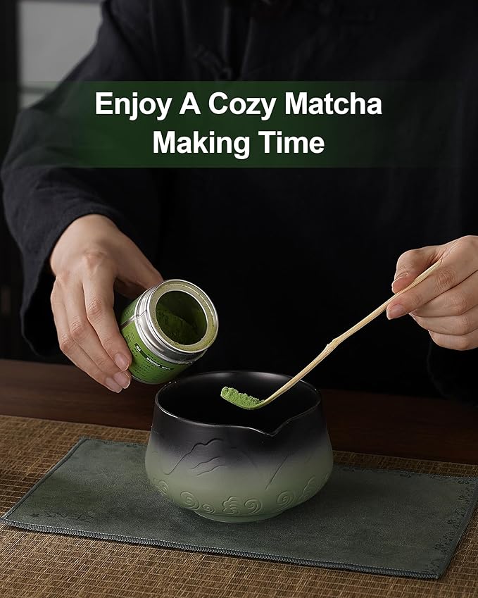 ZENS Matcha Whisk Set, 15oz Ceramic Matcha Set with Bowl and Bamboo Whisk, Scoop, (Chasen Holder) -Tea Towel, 5pcs Matcha Kit for Matcha Lovers, Sage Green