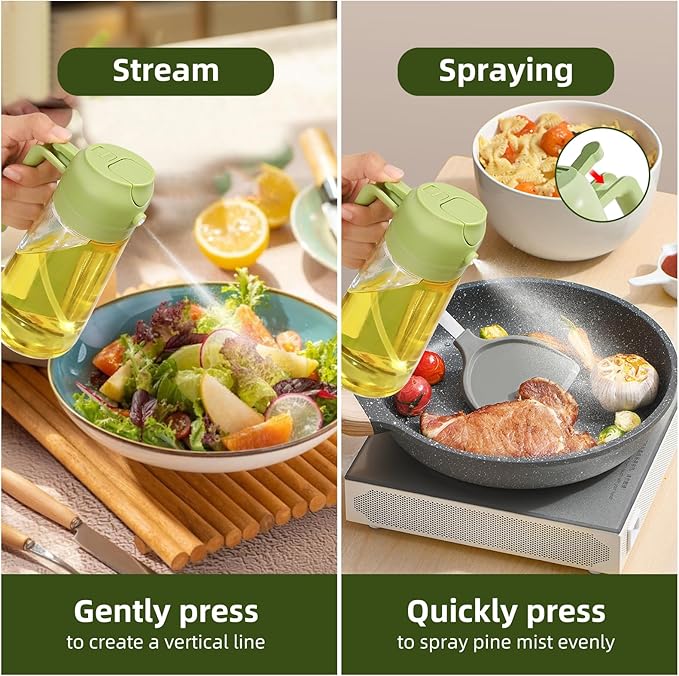 2pcs Oil Sprayer for Cooking, 16oz/470ml Oil Dispenser for Kitchen, 2 in 1 Olive Oil Dispenser Bottle for Kitchen Gadgets, Air Fryer, Salad, BBQ (Black, Green)