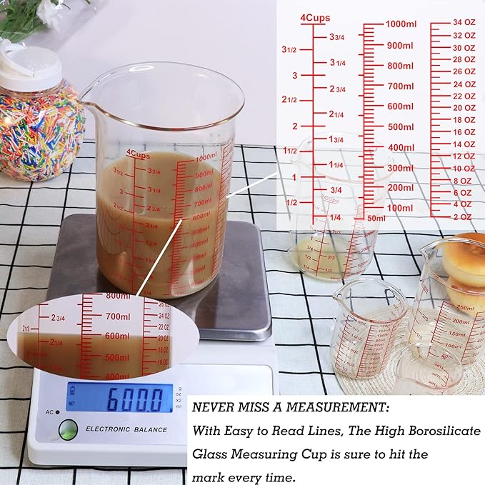 High Borosilicate Glass Measuring Cup-V-Shaped Spout，Glass Measuring Beaker for Kitchen or Restaurant, Easy to Read, 1000 ML (32 Oz, 4Cup)