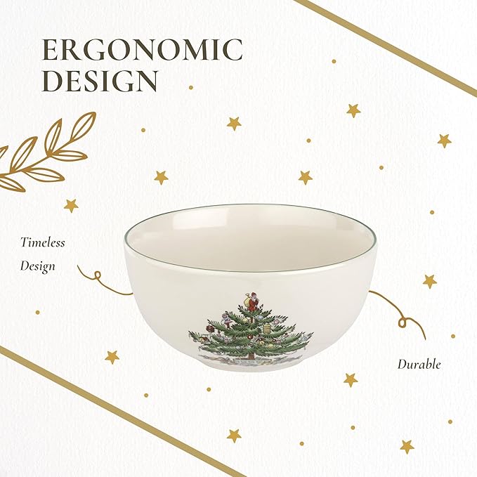 Spode Christmas Tree Large Round Bowl - 10-Inch Porcelain Serving Dish for Salad, Pasta & Side Dishes - Iconic Holiday Design with Green Trim, Dishwasher, Microwave Safe - Festive Gatherings
