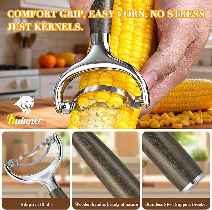 KULUNER Durable Stainless Steel Corn Peeler with Polished Wood Handle Corn on the Cob Stripper Kernel Remover Easy Use Corn Kernel Cutter Kitchen Gadget（Chacate Preto）