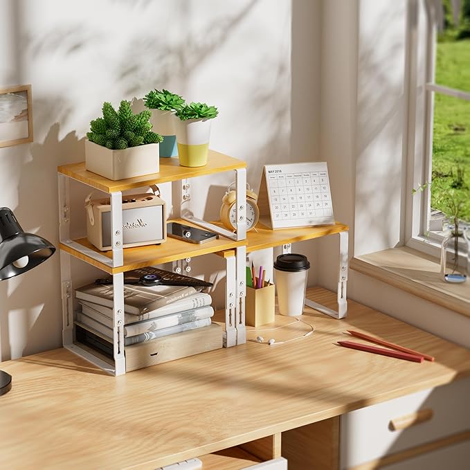 Kitchen Cabinet Organization Shelf，Set of 2 Height Adjustable Storage Racks，Stackable，Expandable，Countertop Shelves Organizer，Pantry Shelving