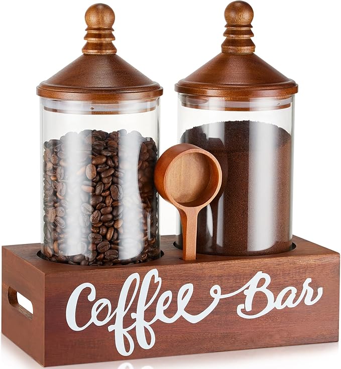 YangbagaGlass Sugar Coffee Canister for Ground Coffee,2×55OZ Coffee Containers with Wood Handle Shelf Coffee Station Coffee Bar Accessories Organizer Decor, Cereal Containers Storage with Wood Scoop