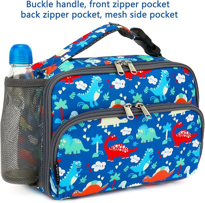 FlowFly Kids Lunch box Insulated Soft Bag Mini Cooer Back to School Thermal Meal Tote Kit for Girls, Boys,Dinosaur